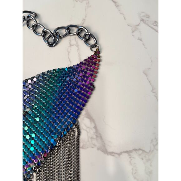 Metal Mesh Bib Necklace with Chain Fringe - Picture 4 of 5